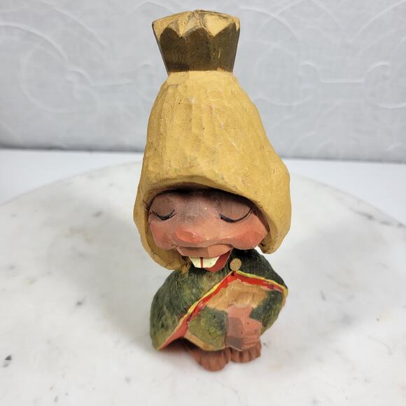 VTG Henning Norway Hand Carved Wooden Troll King Crown Folk Art 6” Signed - Picture 10 of 12